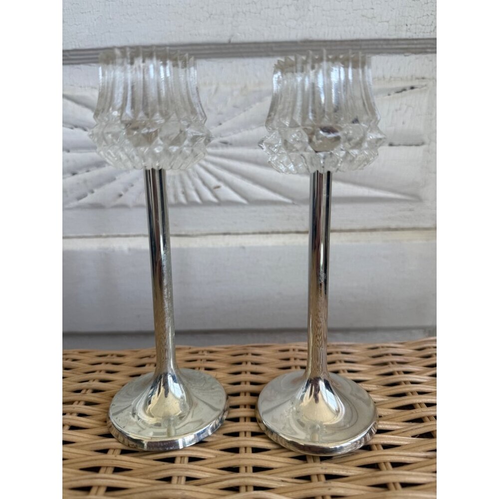 Vintage MCM W. Germany Pair Tulip Candle Stick Cut Glass Silverplated